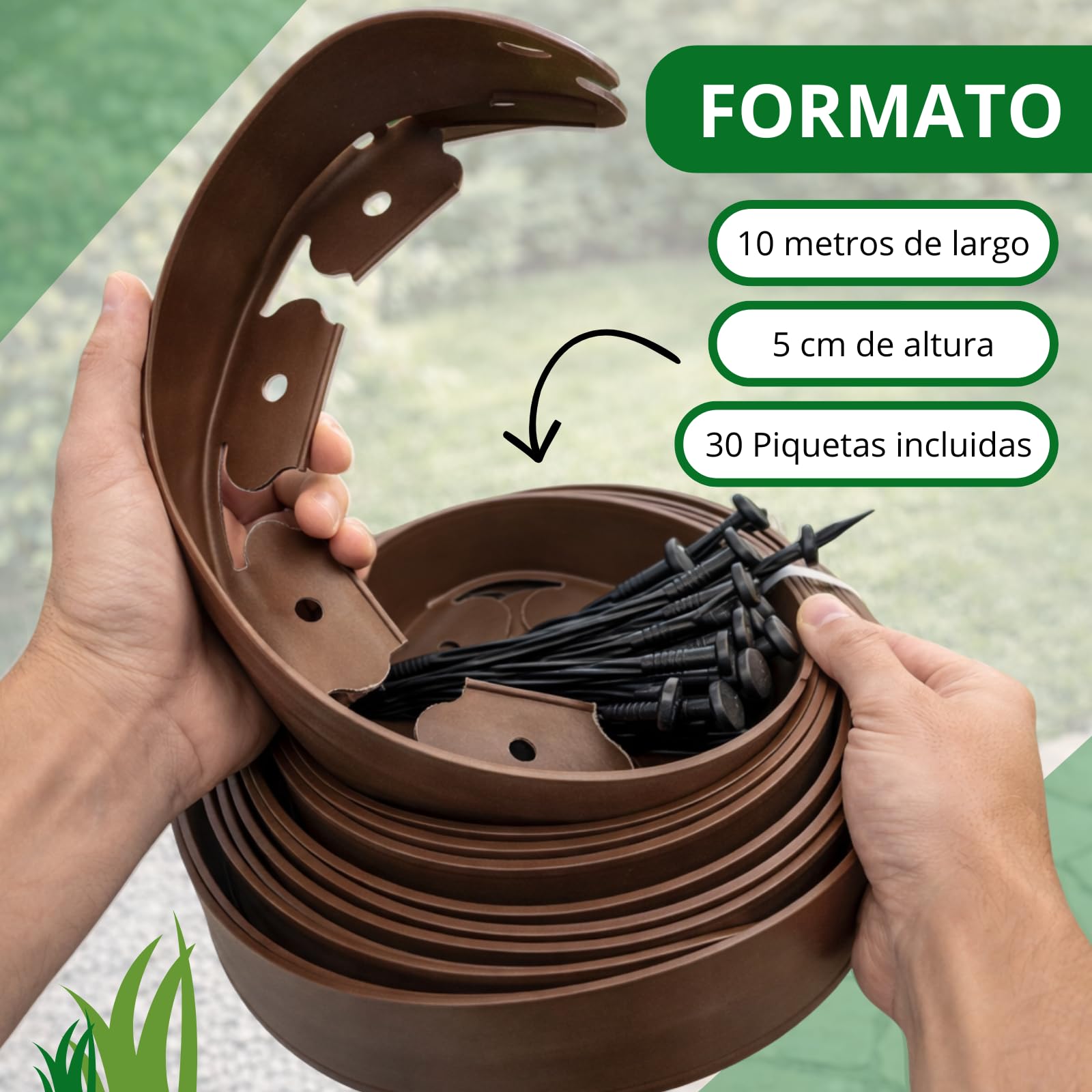PLANTAWA Borde para Césped Artificial Marrón 10m, 30 piquetas | Delimitación y Fijación del Perímetro, Contención de Materiales y Acabado Profesional | Flexible, Discreto y Resistente para Jardín