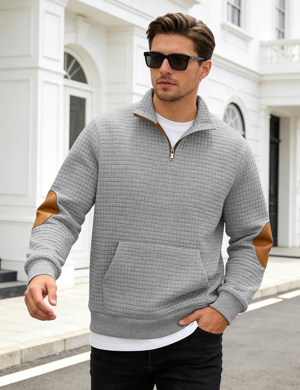 Mens Sweatshirt Casual Stand Collar Quarter Zip Pullover Fall Waffle Sweaters Long Sleeve with Pockets - Image 3