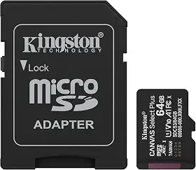 Kingston Canvas Select Plus microSDXC 64GB UHS-I Class 10 A1 100MB/s | Cartão microSDXC 64GB com velocidade de até 100MB/s para armazenar fotos, vídeos e aplicativos compatíveis.