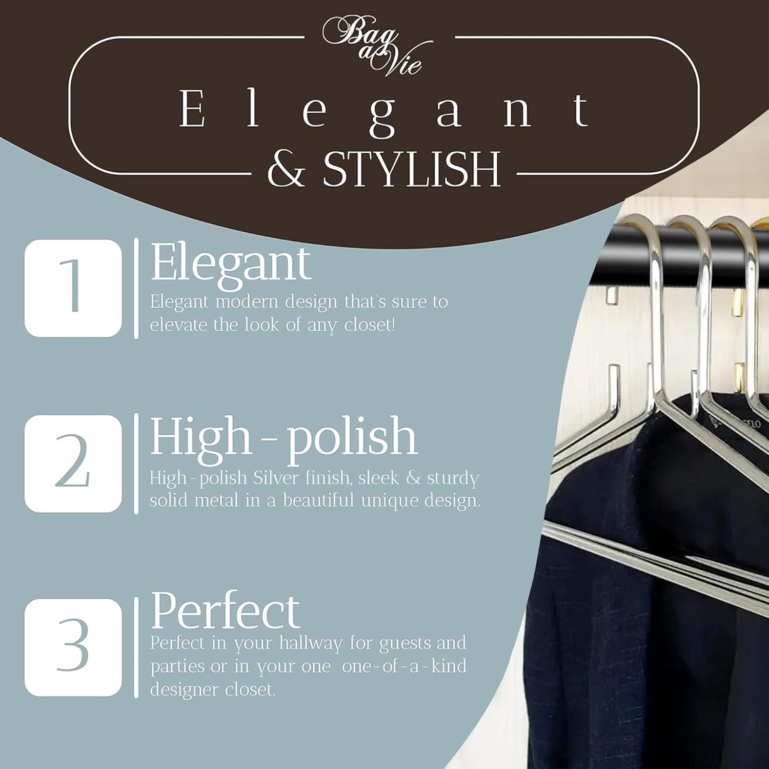 Bag-a-Vie Premium Silver Metal Hangers for Clothing - 6 Pack - Suit and Coat Metal Silver Hangers for Closet - Space Saving