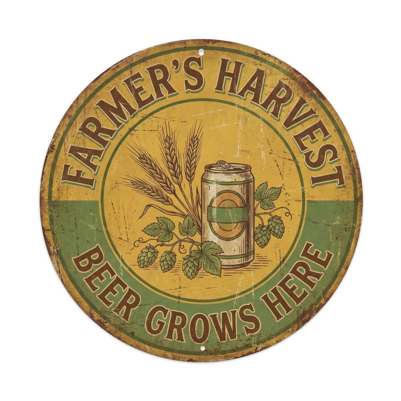Retro Bar Style Farmer Harvest Kitchen Beer Metal Tin Sign Plaque Wall Decor for Cafe, Club, Garden Round Metal Poster 8x8Inch