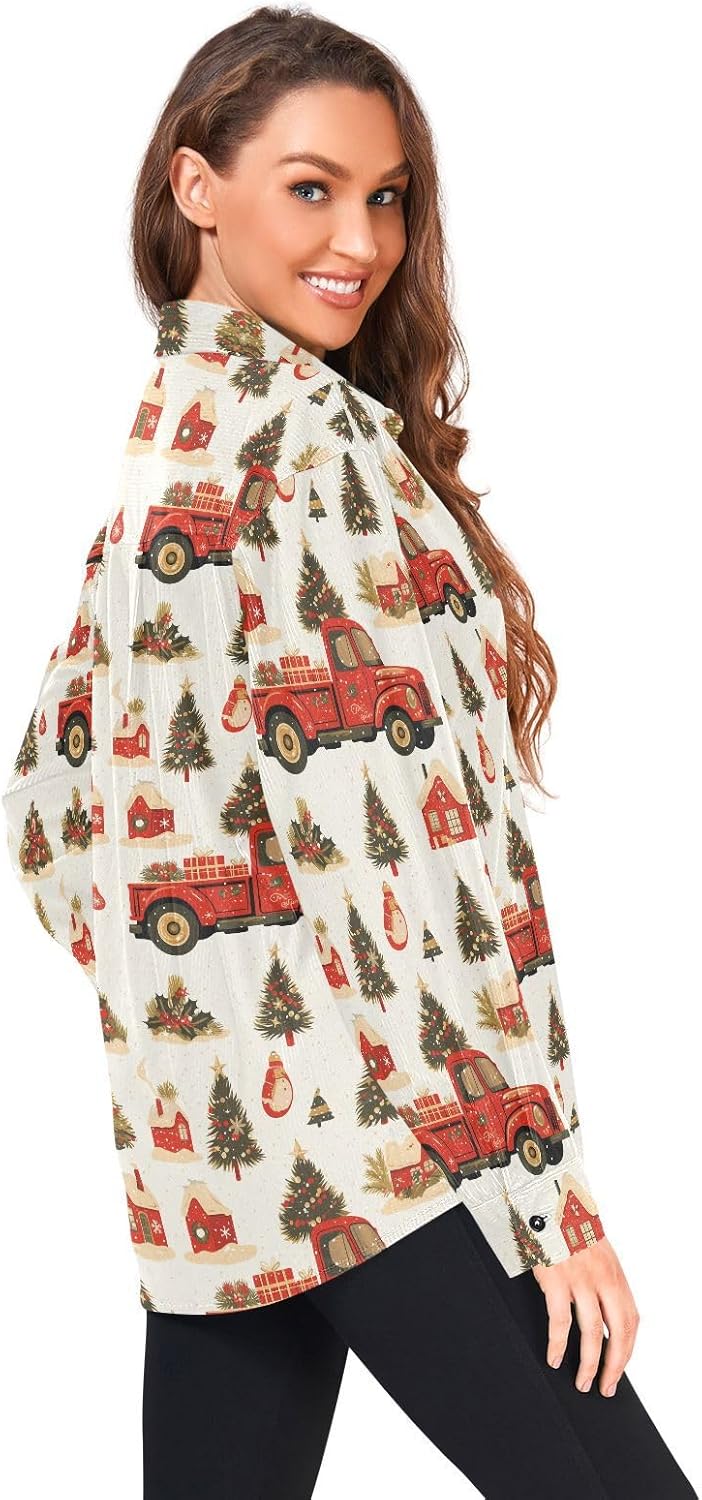 KLL Cute Christmas Tree Red Truck Women Men Regular-Fit Rugby Shirts Dating Long Sleeve Tops