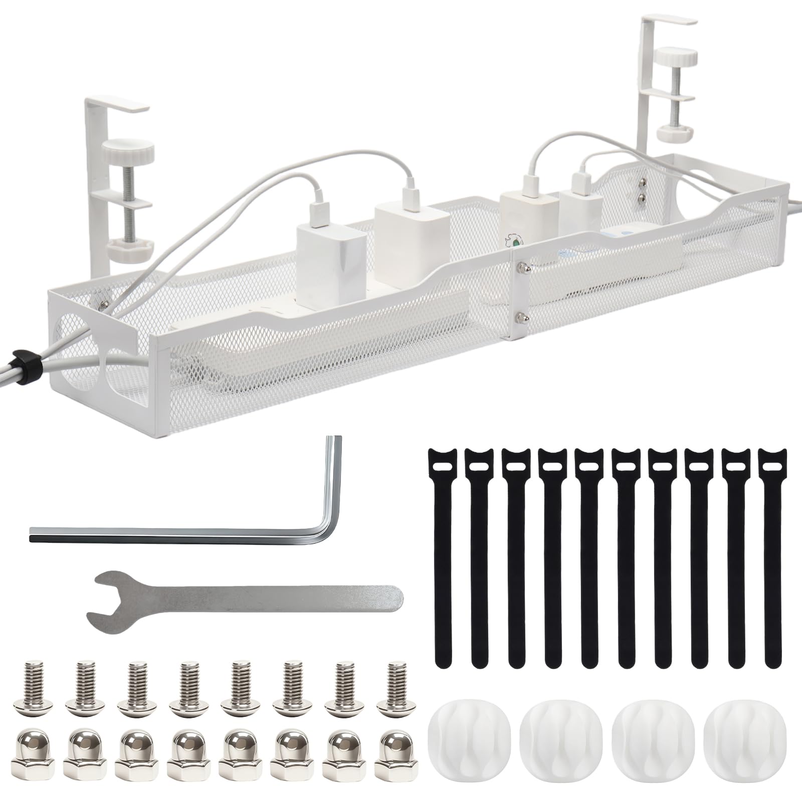 Under Desk Cable Management Tray, 25'' Management Under Desk No Drill, Metal Cord Organizer with Clamp for Cable Organizer for Home Office (White-25'')