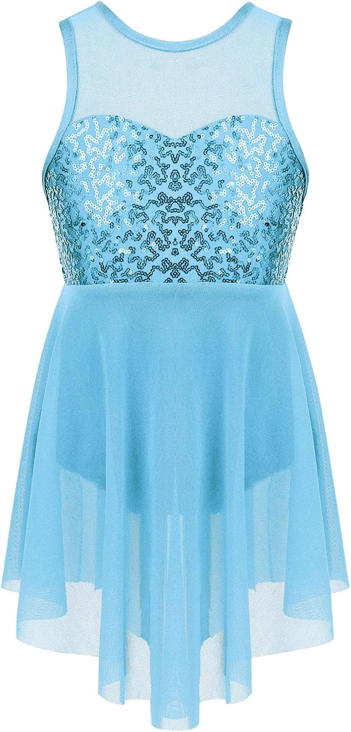iiniim Kids Girls Modern Lyrical Dance Costumes Dress Sleeveless Sequins Criss-Cross Back Ballet Leotard Irregular Hem Dress