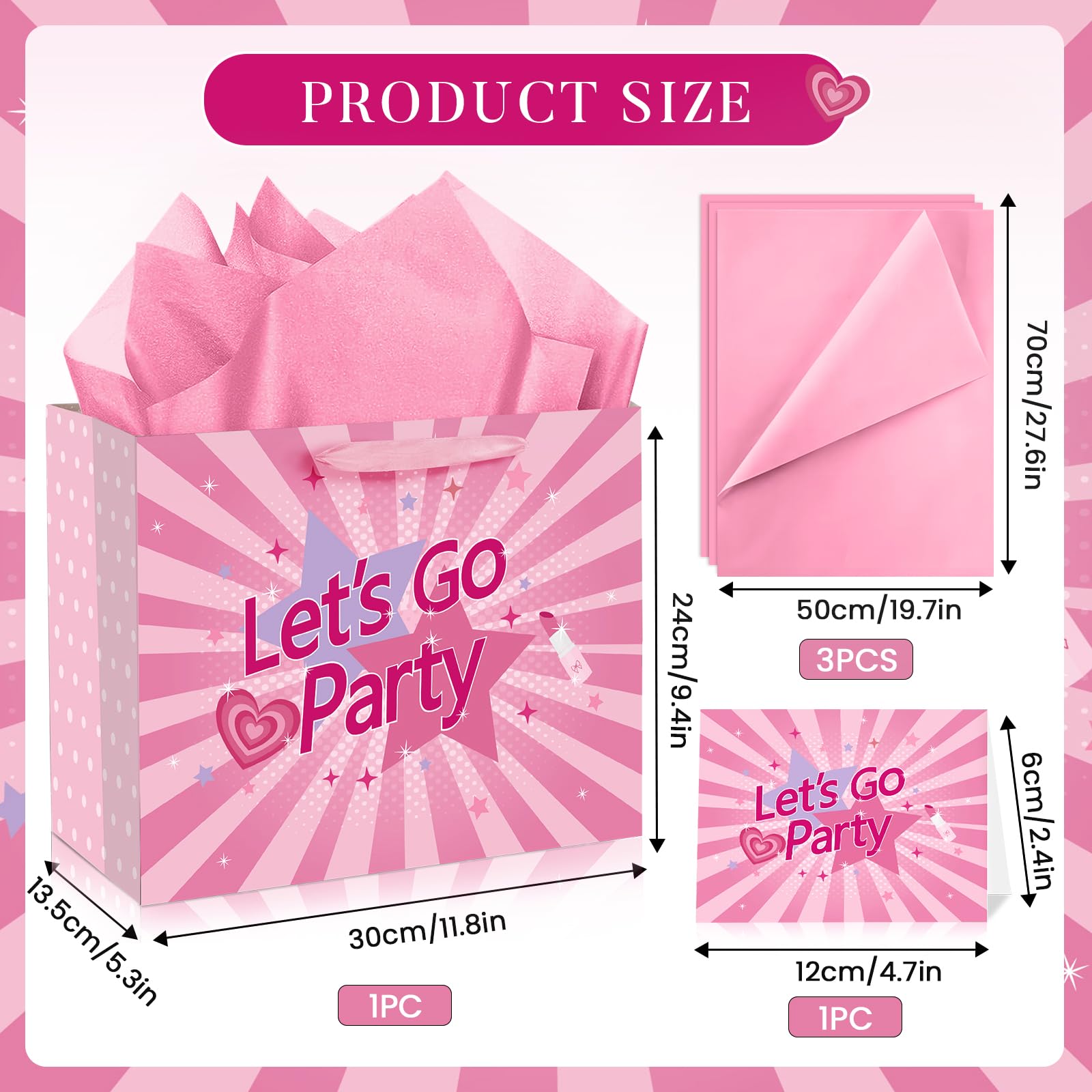 Hot Pink Gift Bag Lets Go Party Supplies Valentines Pink Wrapping Bag with Greeting Card and Tissue Paper Bachelorette Party Decorations for Girls Princess Bridal Shower Birthday Party Supplies