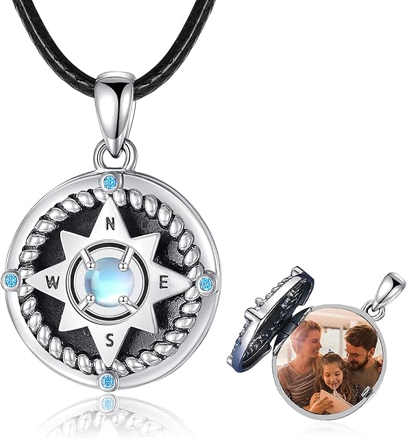 Compass Necklace 925 Sterling Silver Compass Locket Necklace That Holds Picture Moonstone Pendant Necklace Always in My Heart Pendant Compass Moonstone Jewellery for Women and Men