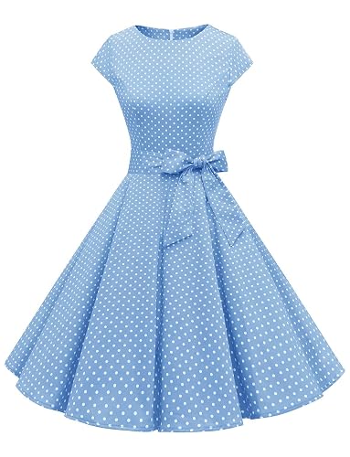 Dressystar Womens Vintage 1950s A Line Cap Sleeve Cocktail Party Dress | prom dress,knee length dresses for women,retro, rockabilly,crew neck,with Belt,soft and comfortable,lightweight - Medium - C- Sky Blue