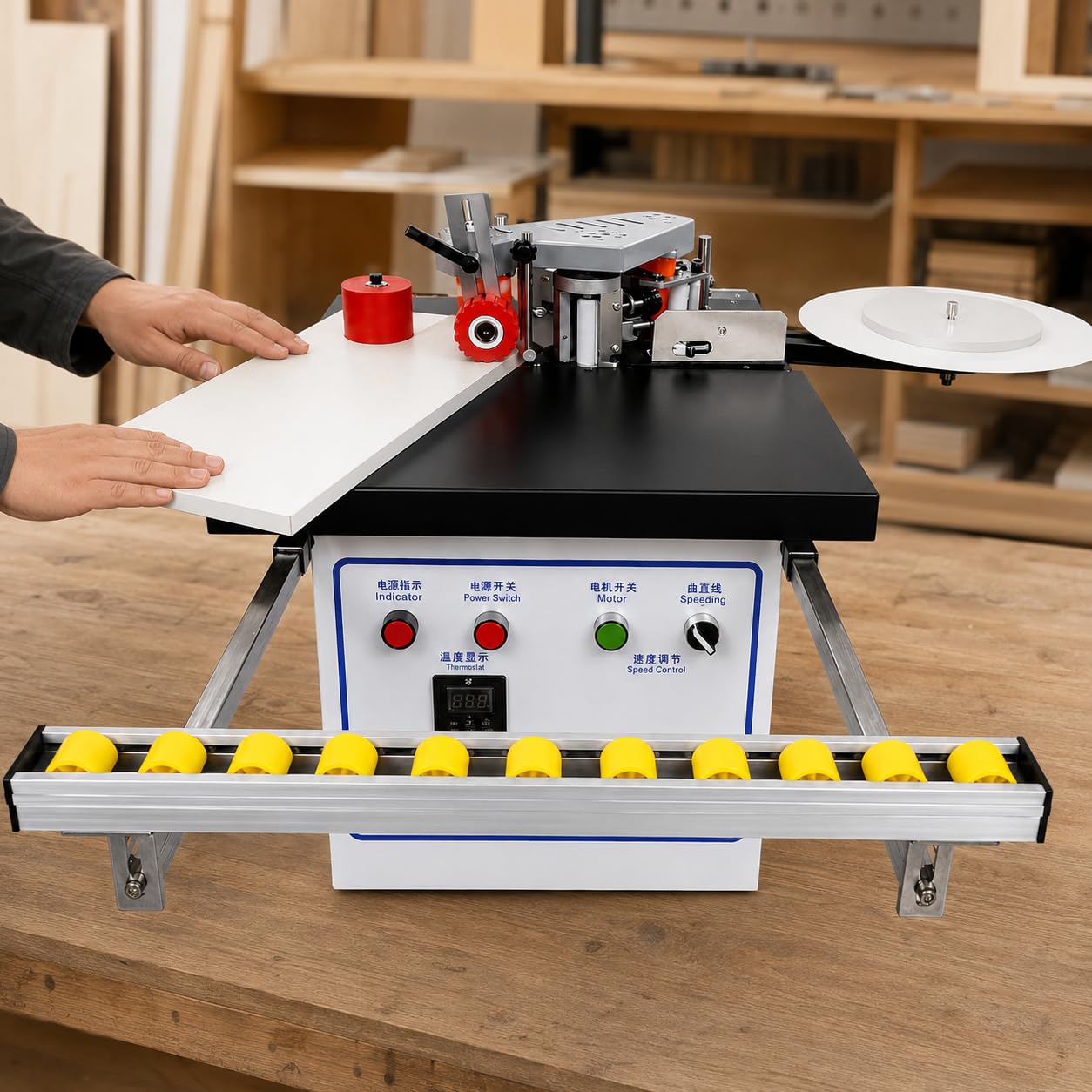 Bander de bordes portátil de 1200 W con alimentación automática, pegado de doble cara, control de temperatura de 120-220 °C, velocidad de alimentación de 2-6 m/min para bandas de bordes de carpintería