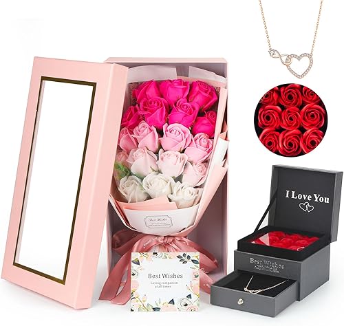 Ramo de Rosas Rosas Eternas Ramo de Rosas Preservado de 18 Flores con Hermoso Collar de Amor, Regalo Único para Cumpleaños, San Valentín, Día de la