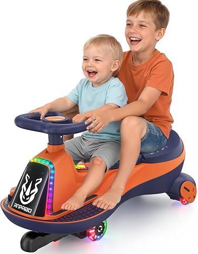 ANPABO 12V Electric Wiggle Car-2x75W Motor, 2.8-4.1 Mph, Bluetooth & Music, LED Lights, Soft Start, Flashing Wheels, Anti-Rollover, for Kids Ages 3+, 170 Lbs, Indoor/Outdoor Orange