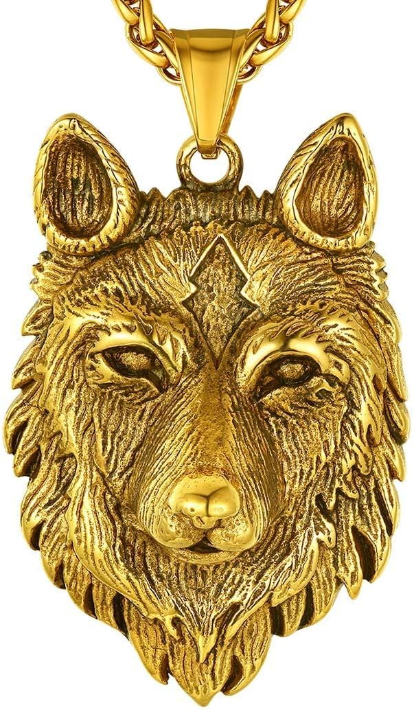 Richsteel Necklaces for Men 316 Stainless Steel/18K Gold Plated/Black Wolf Pendant Viking Nordic Jewelry