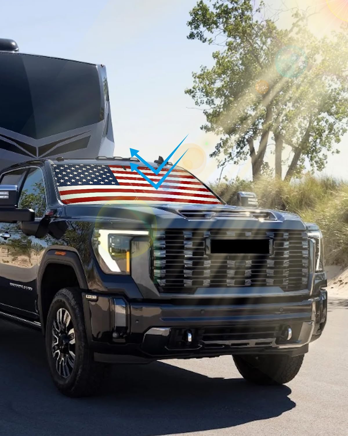 American Flag Car Windshield Sun Shade Compatible with GMC Sierra 1500 2500 3500 2014-2018 - Foldable Reflective USA Patriotic Window Sunshade for UV Protection & Heat Reduction