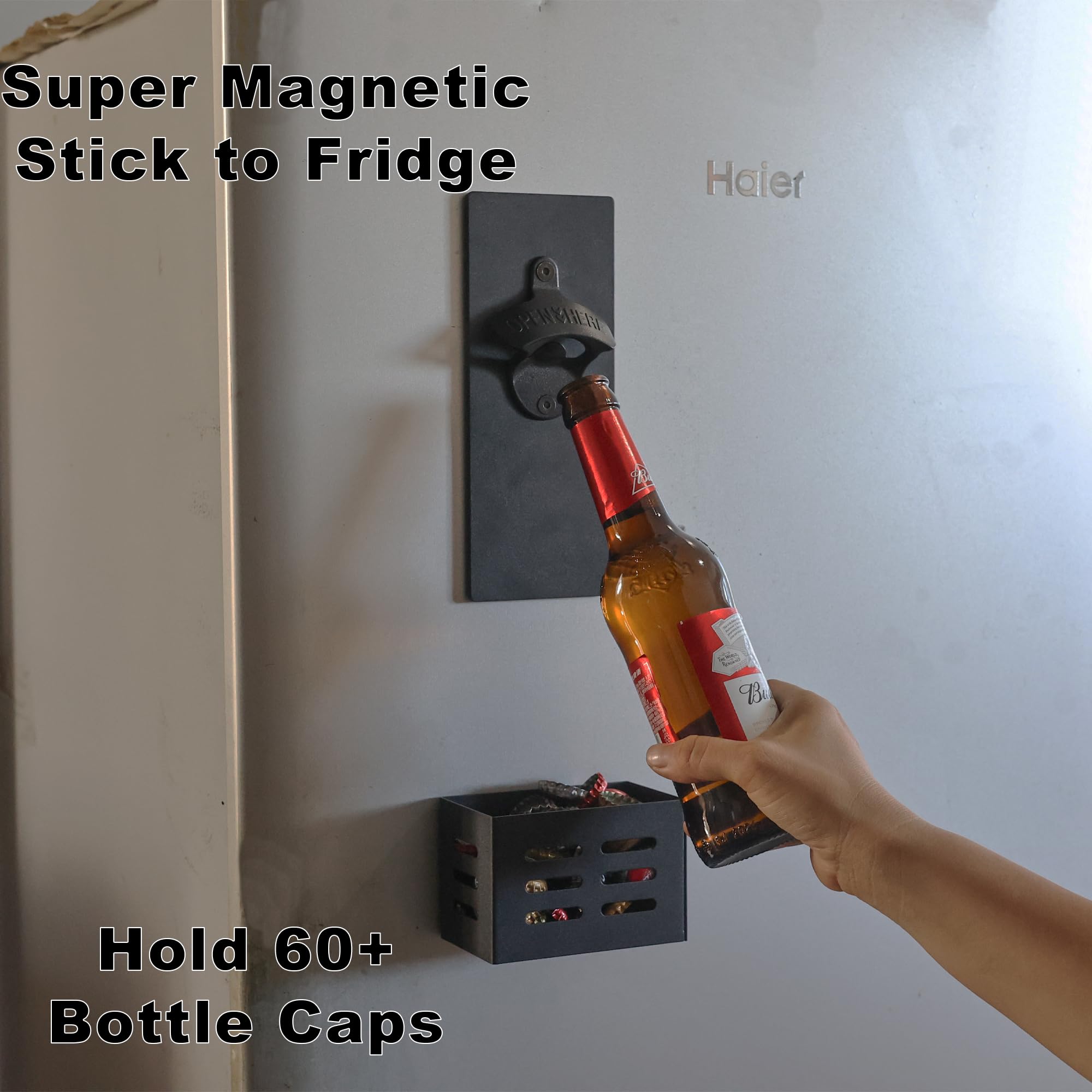 Abridor de botellas de cerveza de montaje en pared con imán de tapa para nevera, color negro, regalo para amantes de la cerveza