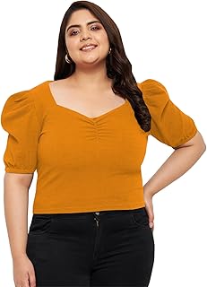 wild u Women Plus Size Top | Crop | Puff Sleeve | Stretchable | Western Stylish (Yellow)-picture-14