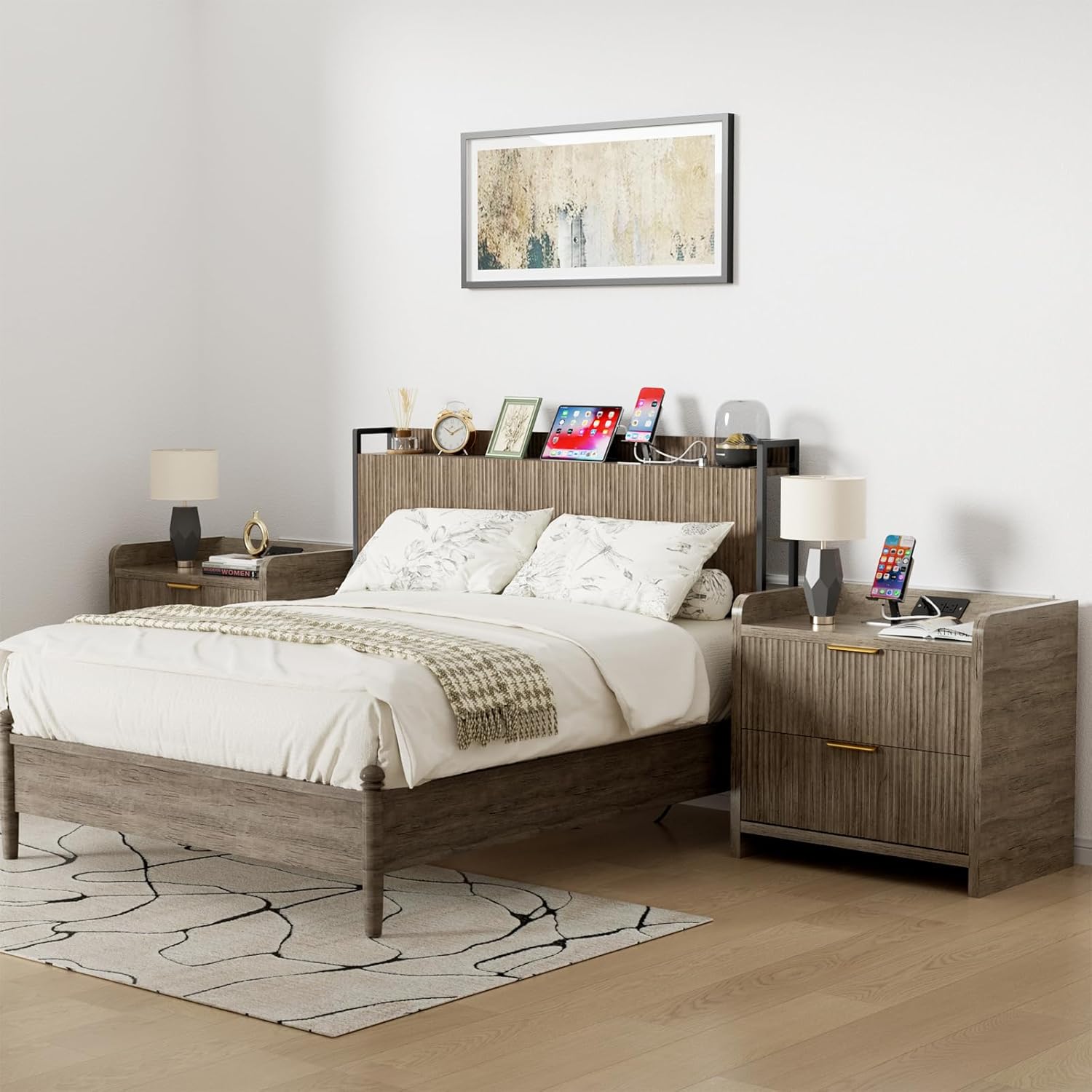 Queen Size Fluted Headboard Only with Outlets, Wall Mount Wood Headboard with Storage, Height Adjustable, Storage Rack, Sturdy and Stable, Easy Assembly(Grey, Queen)