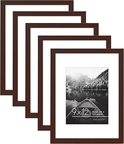 Americanflat Portarretratos de 9 x 12 pulgadas, color caoba, juego de 5 portarretratos de 6 x 8 pulgadas con paspartú o marco de 9 x 12 pulgadas sin