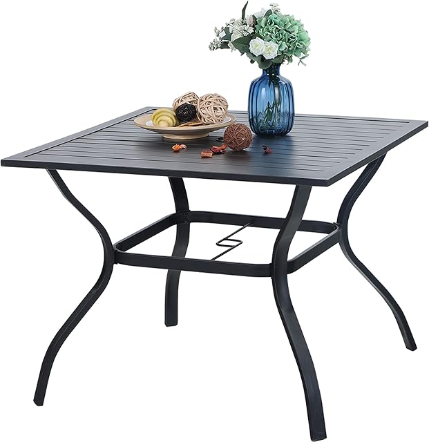 PHI VILLA 37 Inch Outdoor Dining Table Metal Steel Slat Patio with 1.57" Umbrella Hole, Classic Black