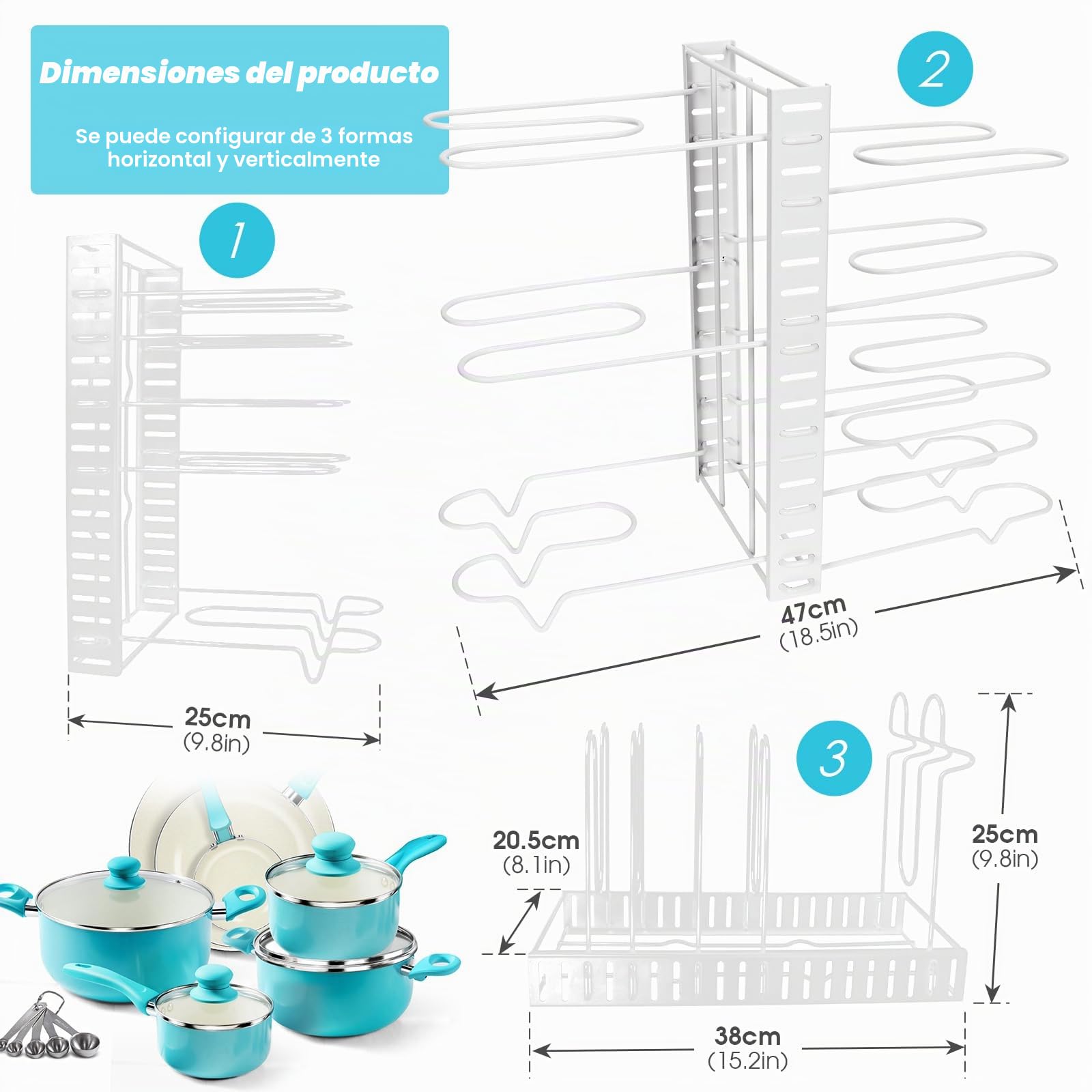 Myiosus Soporte para tapas de ollas, soporte para sartenes con 3 métodos de instalación, organizador de sartenes con 8 compartimentos ajustables, organizador para armario de ollas, sartenes y tapas