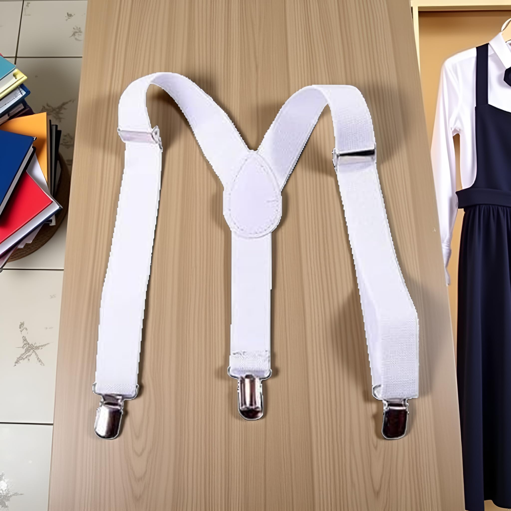 Tirantes elásticos ajustables blancos con clip trasero en Y y clips de metal para niños