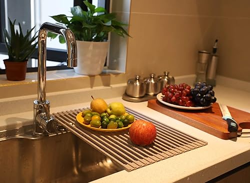 Miniatura 5 de Ahyuan - Escurridor de platos grande enrollable para fregadero, cuadrado, barras sólidas multiuso, revestidas de silicona, acero inoxidable,