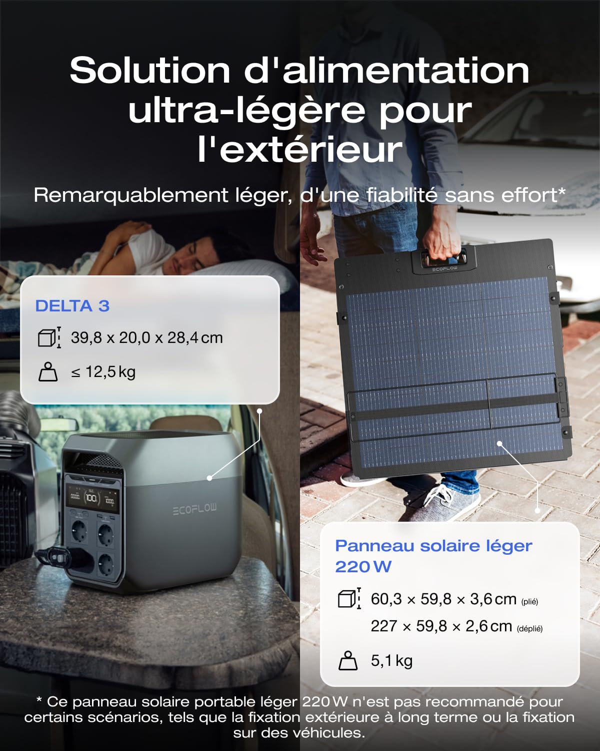 EF EcoFlow Générateur solaire DELTA 3 avec panneau solaire 220W, 500 W d'entrée PV, cellules LiFePO4, 1024 Wh de capacité, station électrique pour domestique, camping et RV