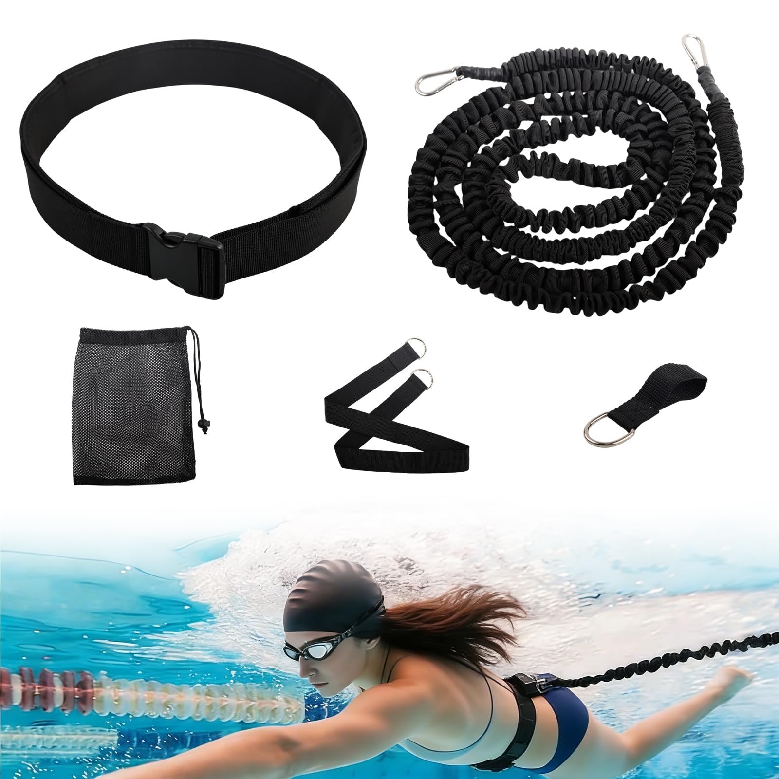 Schwimmhilfe Erwachsene Set, Schwimmgürtel, 2.5-8M Einstellbare Schwimmwiderstand Gürtel, Schwimmgürtel kinder Schwimmgurt mit elastischen Gummibändere, für Anfänger und Profis und das Schwimmtraining