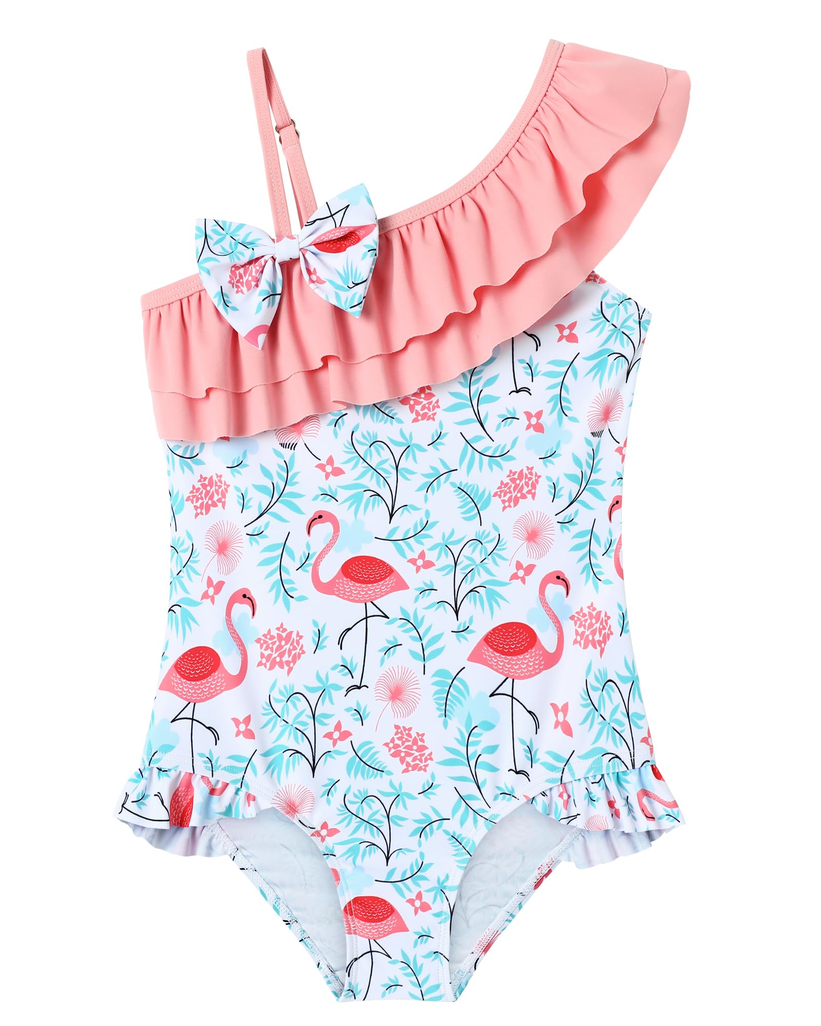 Photo 1 of Ghteas Girls Swimwear One Piece Stylish Bathing Suit Summer Beachwear Layered Scalloped Edges Cute Pink Adjustable Straps Flamingo Print Girl Swimsuits Size 7-8