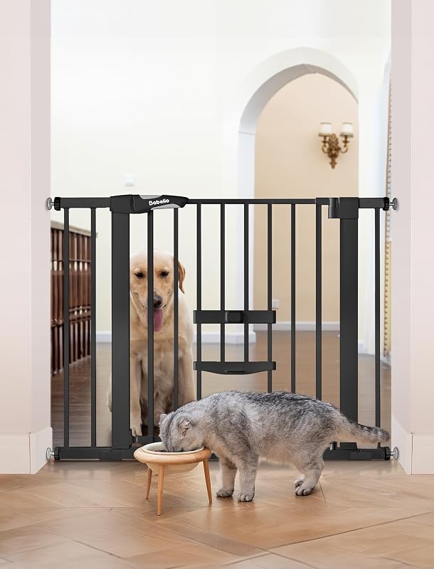 Babelio Baby Gate with Cat Door, CatPrivilege II, 29-40" | Auto Close, 6-Level Adjustable Metal Gate with Pet Door for Stairs & Doorways, Pressure Mounted, No Drilling, Black