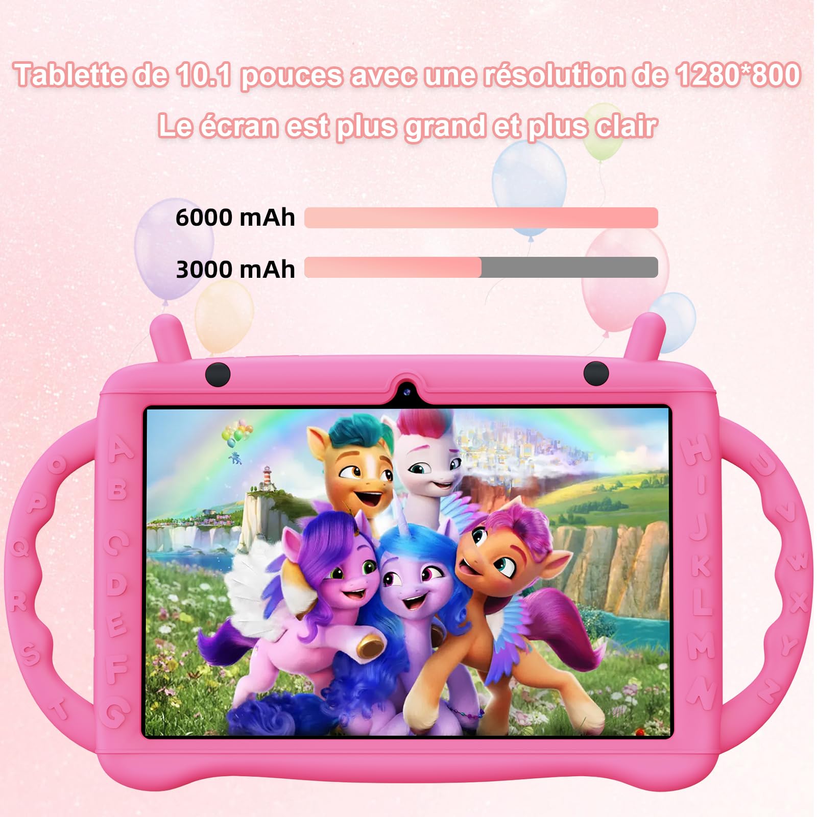 Tablette Enfants 10 Pouces, Tablette Android 14 Octa-Core 2,0 GHz, 10 Go RAM 64 Go ROM (TF 1 to), 6000 mAh, WiFi, Bluetooth, Double Caméra, Contrôle Parental, APP éducation Enfants (Rose)