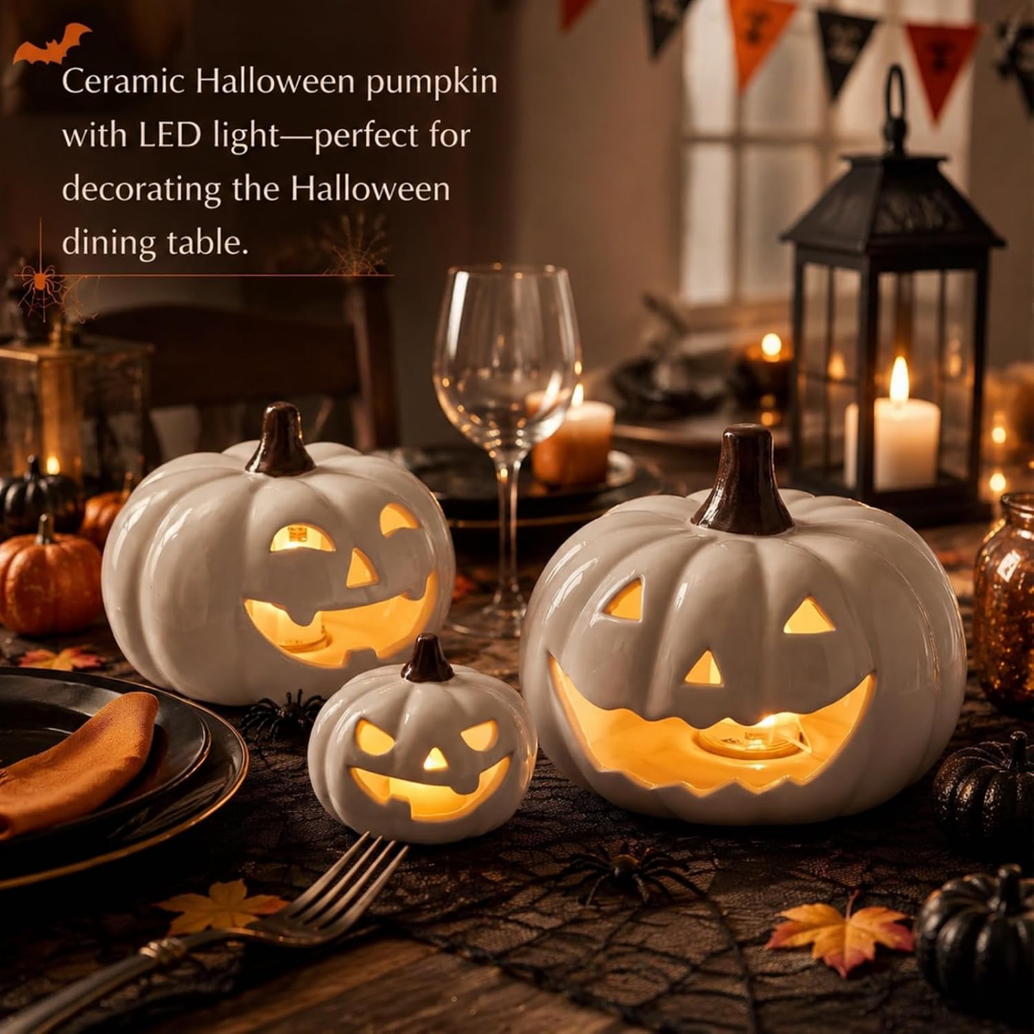 3 Pcs Halloween Ceramic Jack O Lantern Pumpkins, White, 3/5/6''