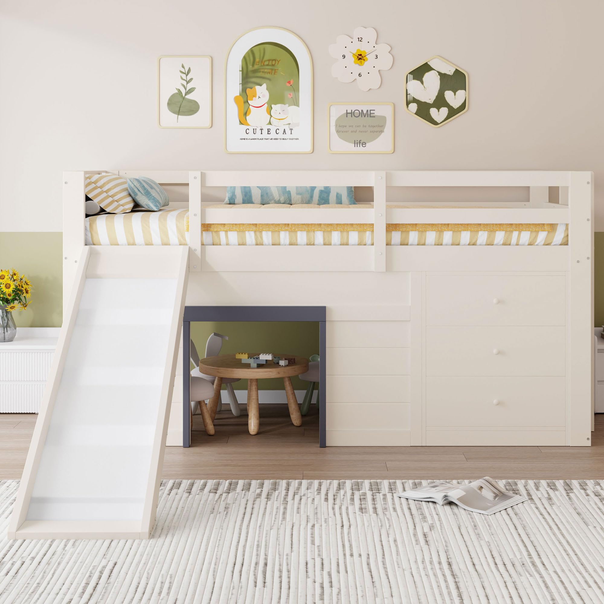 Merax Kinderbett 90x200 Funktionsbett Kinder Hochbett mit Rutsche, Stauraum, Unterhaltungsbereich unter dem Bett - Holzbett mit Lattenrost, Leiter und Rausfallschutz, Kiefer, ohne Matratze, Creme