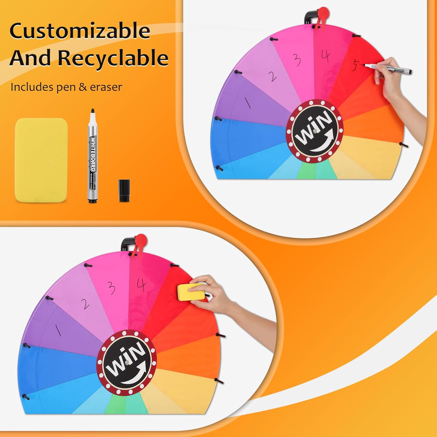 Adjustable Height 35"-65" Prize Wheel, 24" Heavy Duty Spinning Prize Wheel, 14 Colors Slots with Erase & Marker Pen for Customization, Reusable Wheel Spinner for Carnival Prizes, Ruleta De Premios