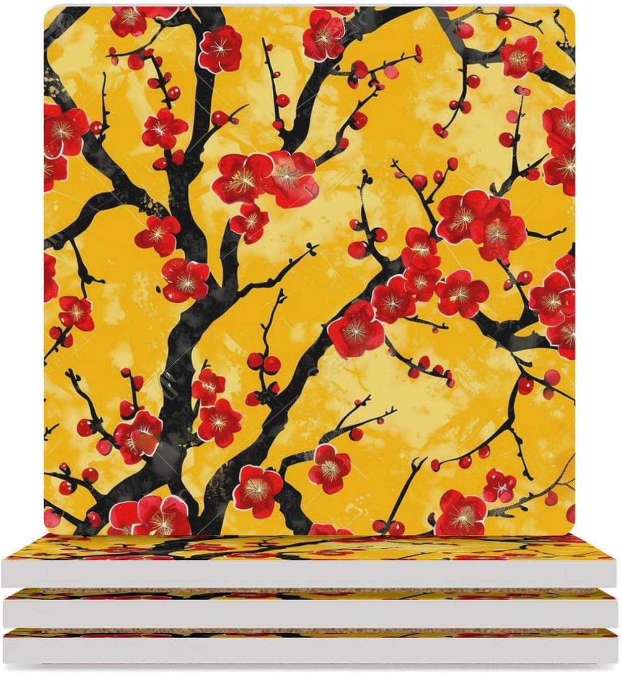 Japanese Cherryflowers Coaster for Drinks Square Ceramic Table Coasters Stone Mat Crafts 4PCS Home Kitchen Decor