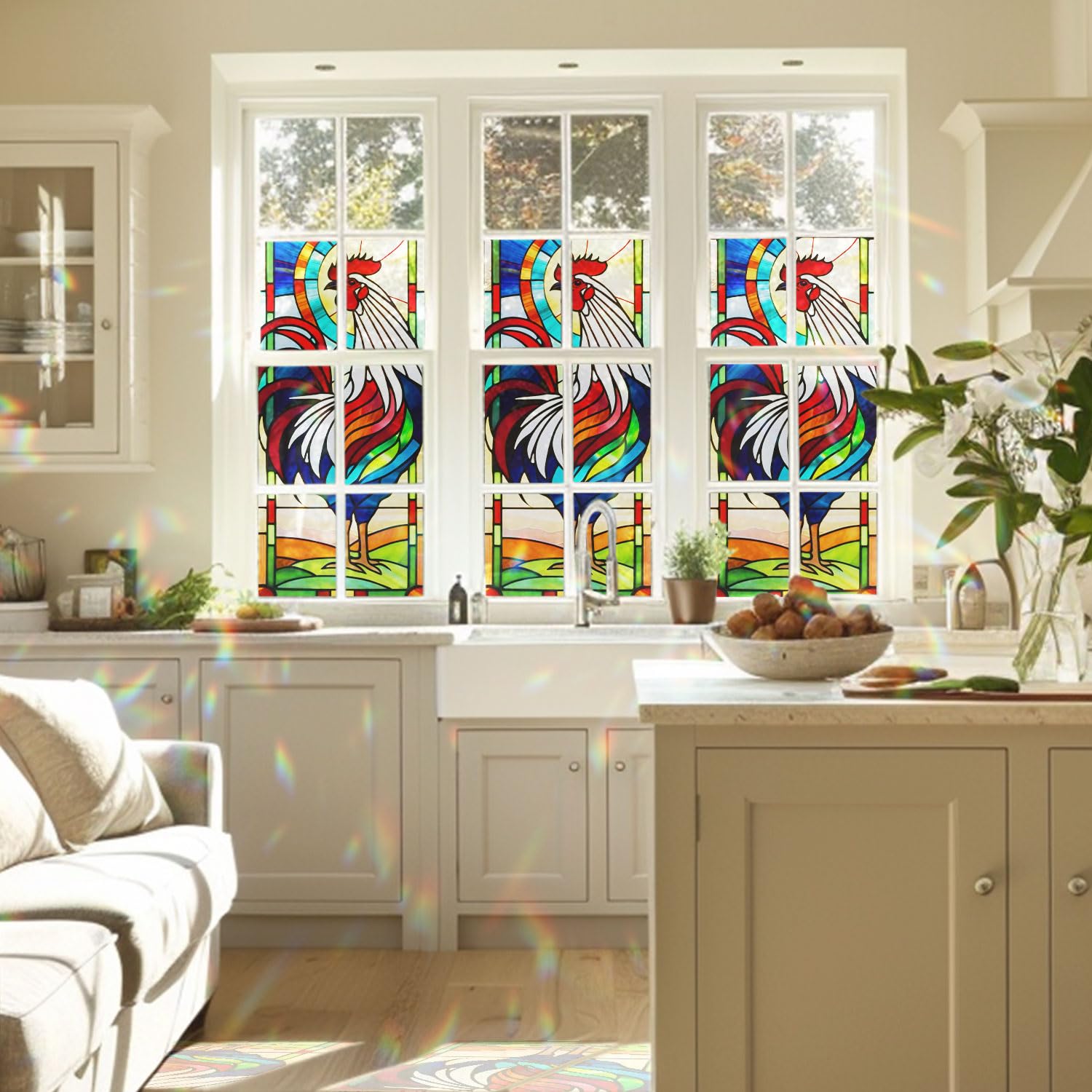 Rooster Stained Glass Window Film, Decorative Rooster Stained Glass Window Film, Rooster Stained Glass Window Film for Bathroom Door Heat Anti UV