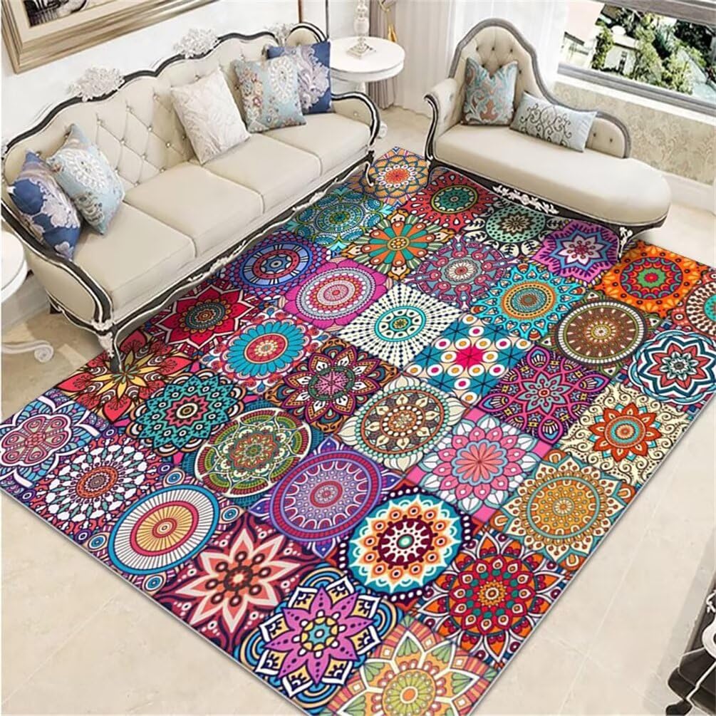 Tapis de salon poil court rétro floral 120x160 cm lavable et anti-glisse