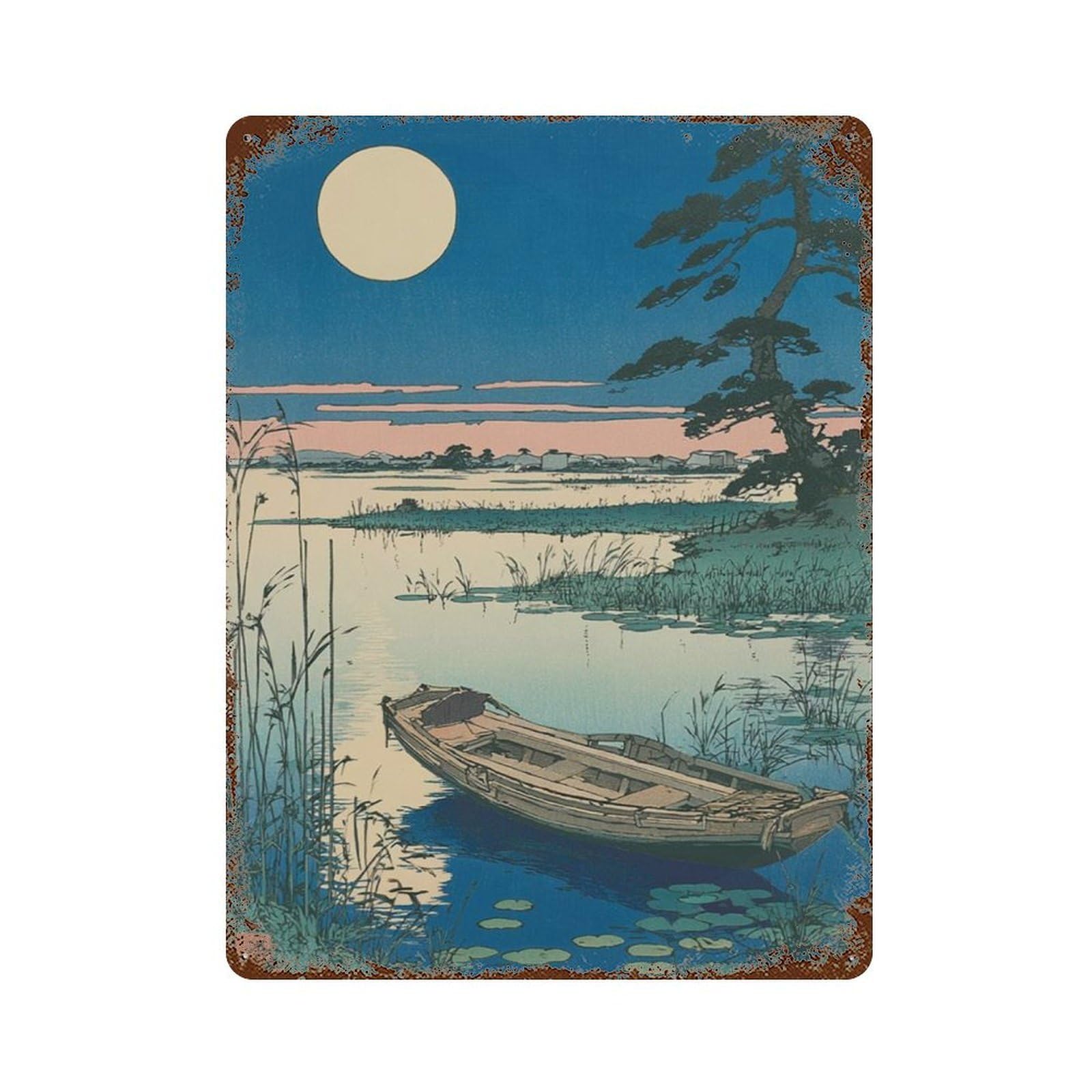 xiaoxiaoshen Japanese Lake Landscape Moonlit Boat And Reeds Woodblock Style Wall Decor Art Metal Tin Poster Modern Home Decor Art Home Bar Shop Decorations Vintage Sign 40x30cm
