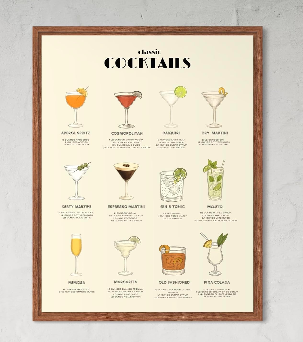 Wallart Street Framed 12x16 inches 12 Classic Cocktails Poster – Illustrated Mixology Guide for Bar, Kitchen, or Home Bar Decor (Beige)