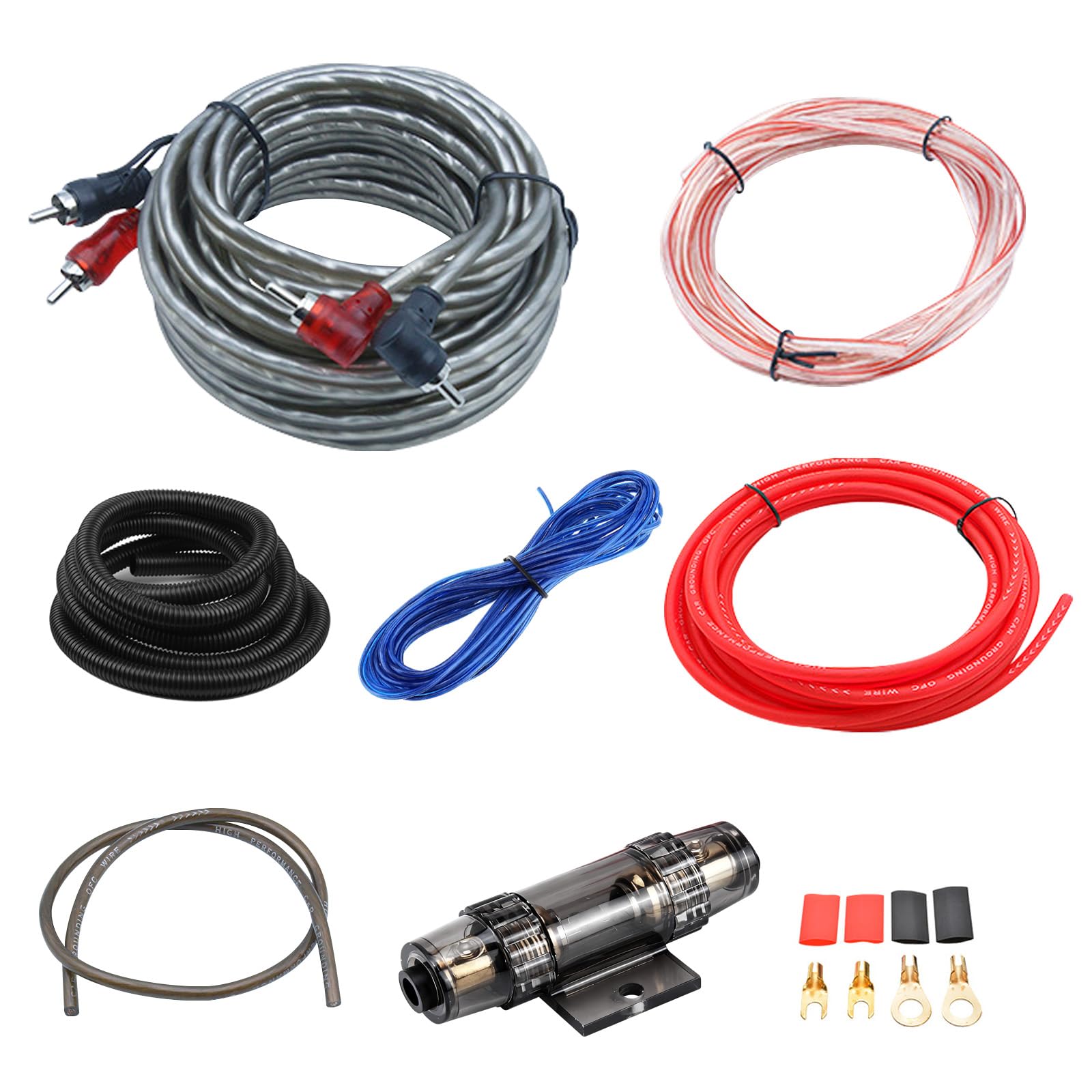 4 Gauge Verstärker Verkabelungsset, 2000W Komplettes All-in-One Auto Audio Amp Installationsset mit RCA & Sicherung, Schnellanschluss für Radio, Subwoofer & Lautsprecher
