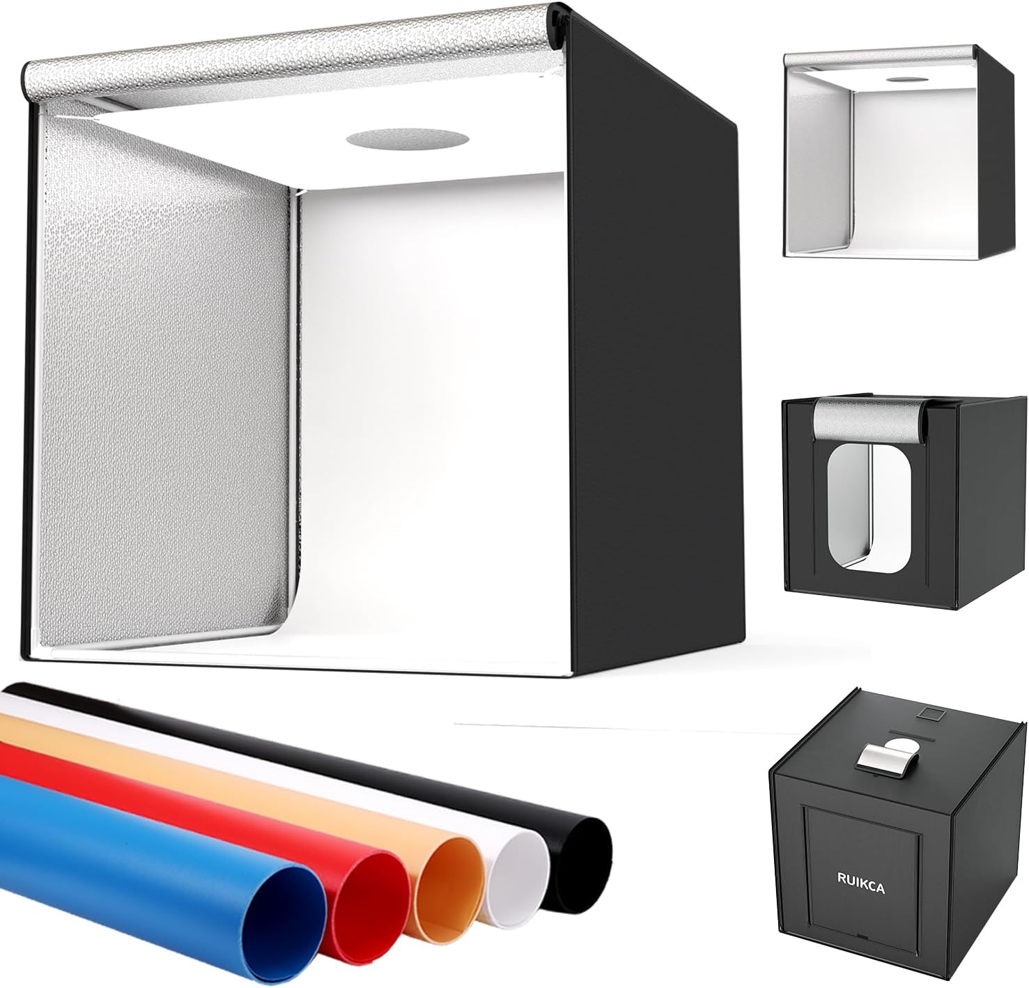 Light Box for Product Photography, Ruikca 32"x32"x32" Large Photo Booth with 210 LED, Photo Background Shooting Tent with 3 LED Light Dimming Panel and 5 Color Backdrops