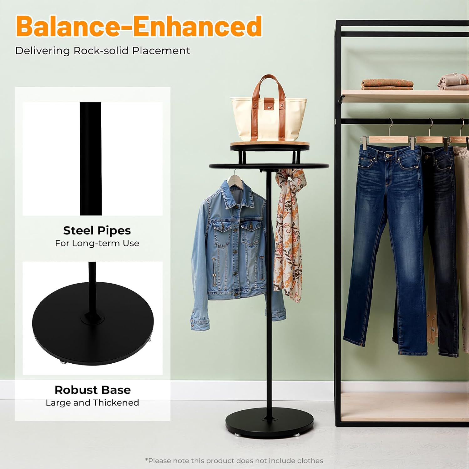 360° Rotating Clothing Rack with Wood Top, 55” Height Round Garment Display Stand, Commercial Heavy Duty Retail Rack for Store, Boutique, Home Organization