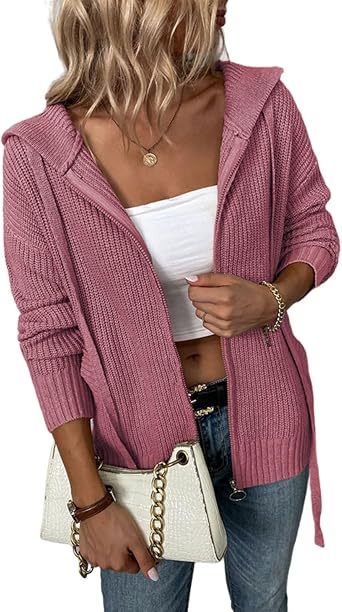 Womens Cardigan Hooded Sweaters Full Zipper Cable Knit Coats Open Front Long Sleeve Outwear Casual Drawstring Tops