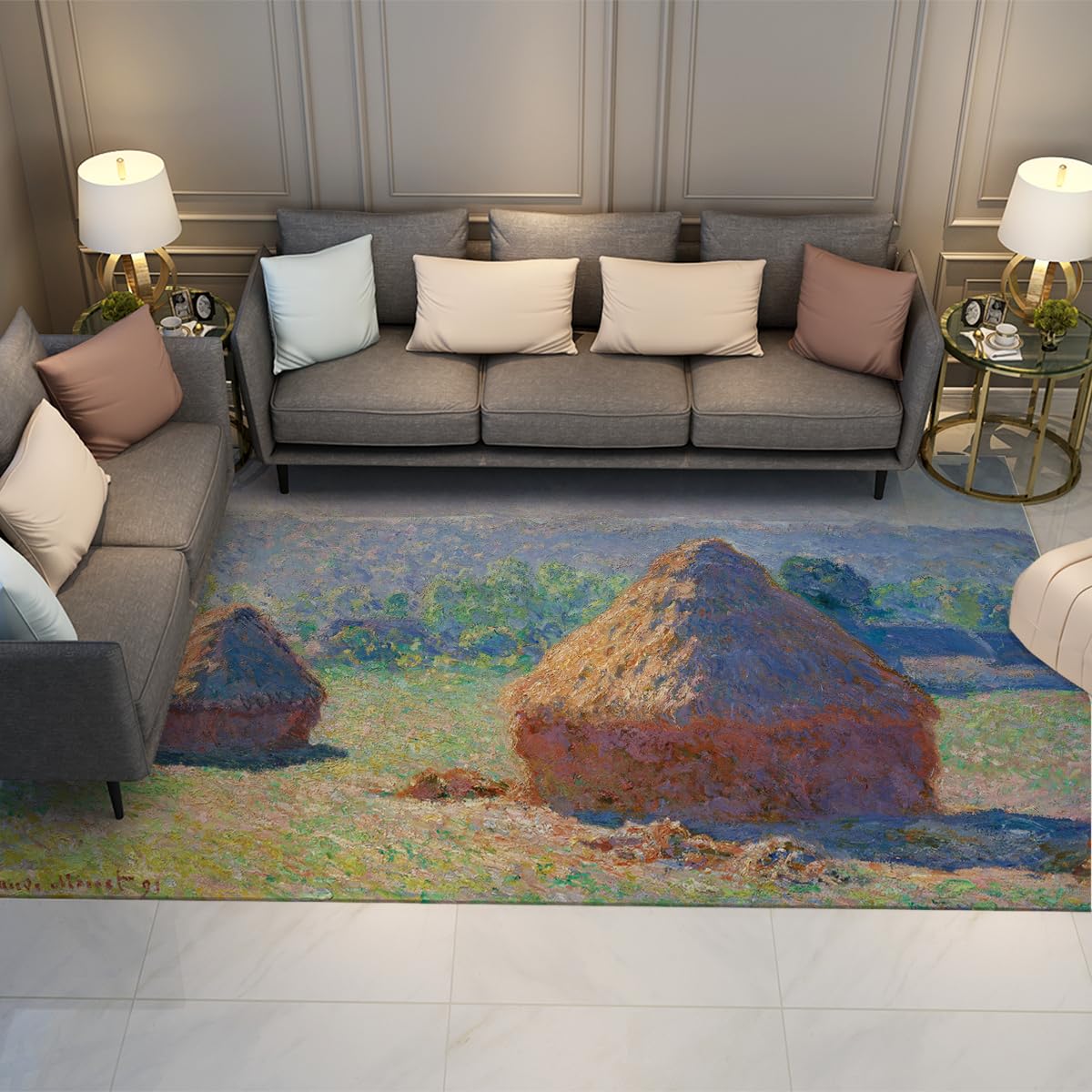 Tapis Bleu et Ocre Monet 120x180 cm lavable antidérapant pour salon chic