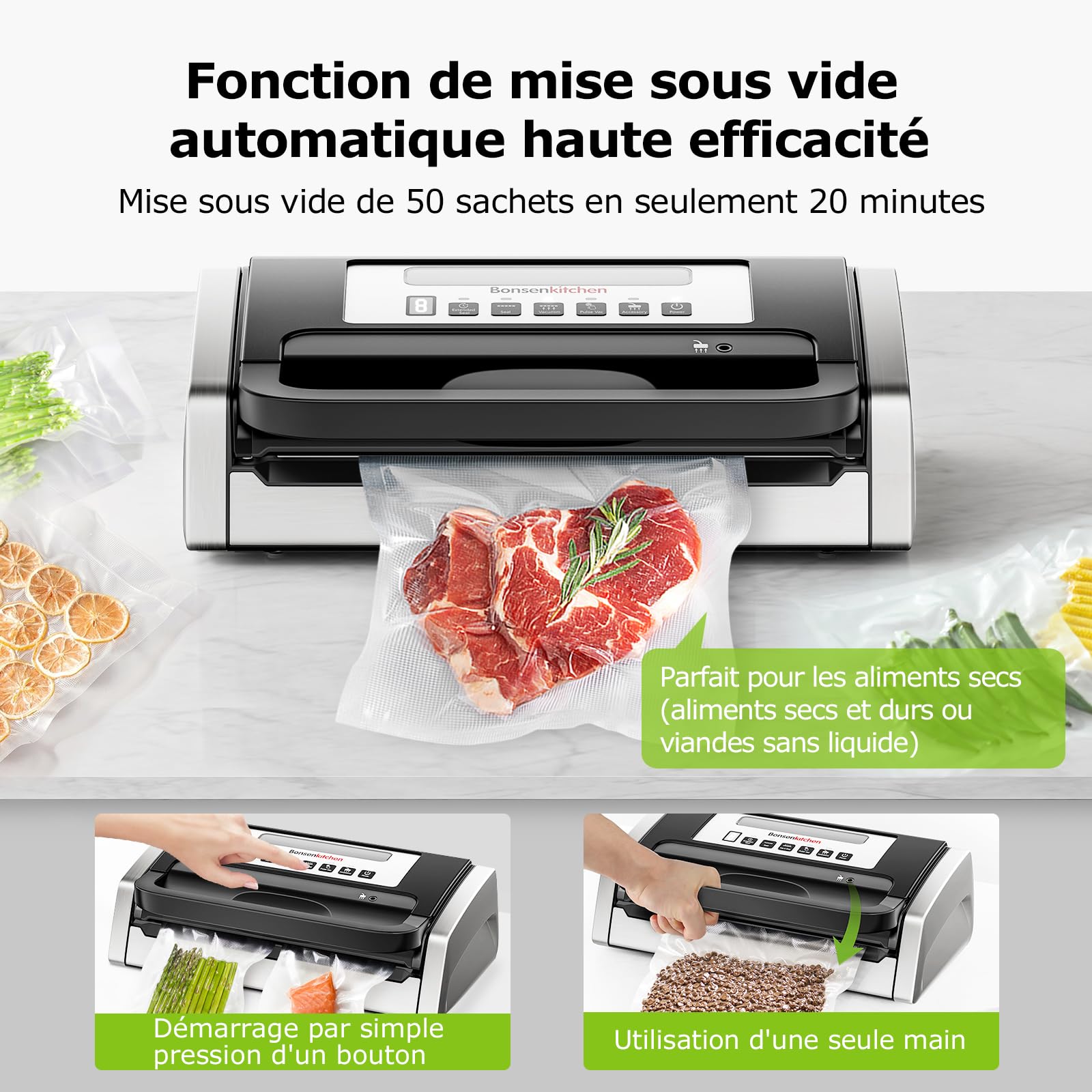 Bonsenkitchen Machine Sous Vide Alimentaire, Puissante et Silencieuse, Technologie Globefish pour un Travail Continu, Conception avec Poignée Verrouillée, Cutter Intégré, Noir