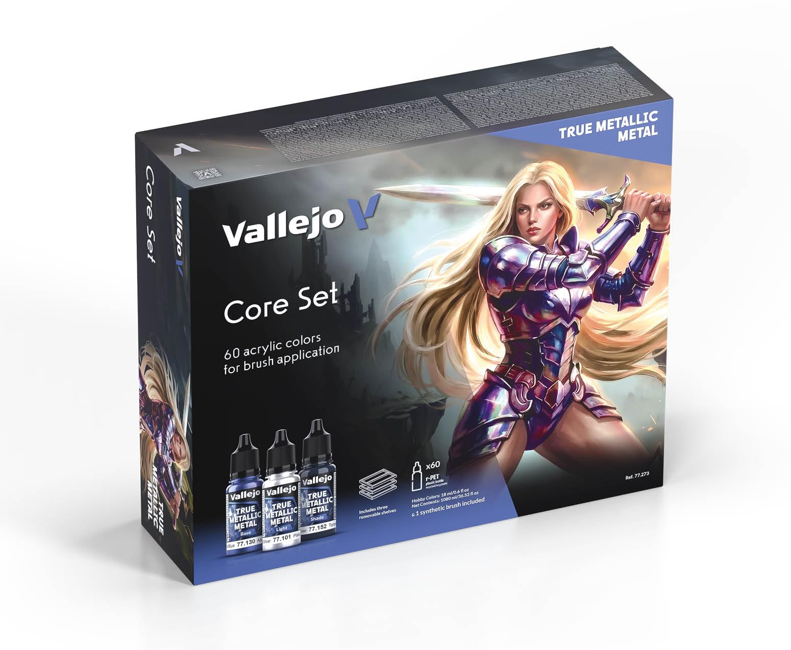 Vallejo True Metallic Metal Core Set – Complete Set Metallic Paint for Miniatures – 60 Colours True Metallic Metal 18 ml + Brush
