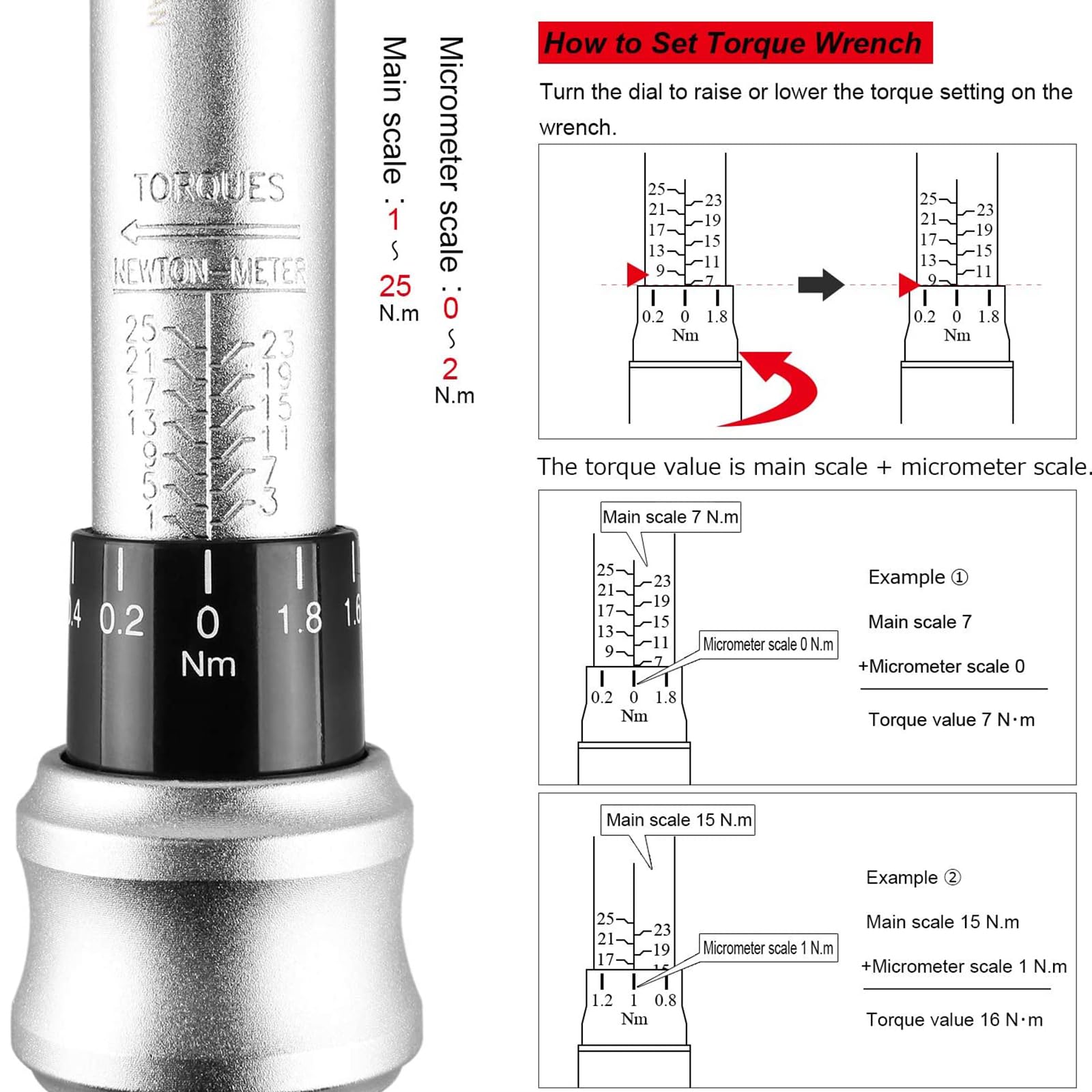 Jeu de clés dynamométriques pour vélo 1/4" Drive Click 1-25 Nm – Kit d'outils d'entretien pour vélo de route/VTT – Comprend Allen, Torx, Philip, kit de réparation d'embouts à douille H5 étendu, barre