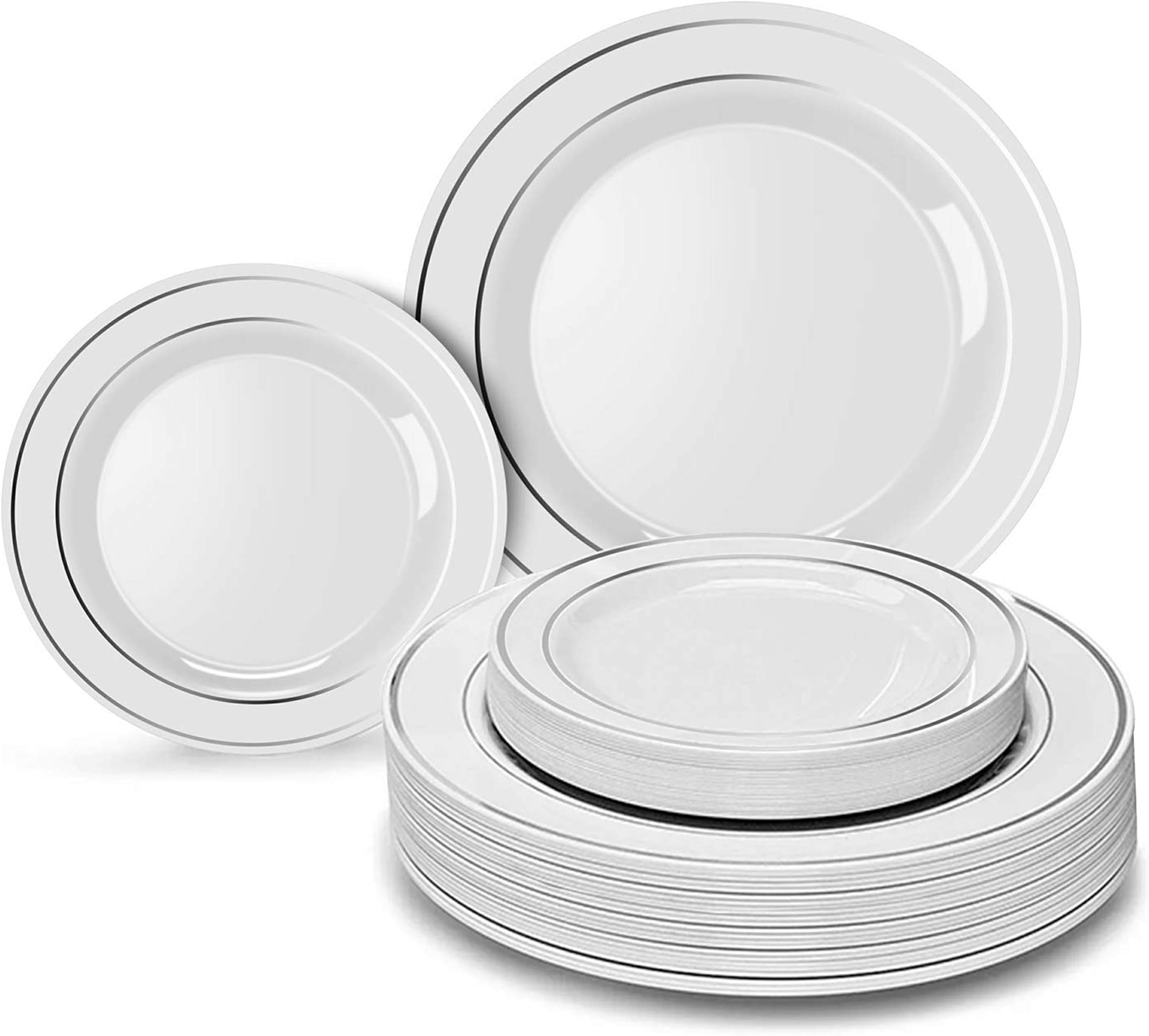 Heavyweight Silver Plastic Plates - 30 Dinner Plates + 30 Desert Plates. White Plastic Wedding Plates with Silver Rim Disposable Plates 60 PC. Masterpiece Disposable Plastic Plates Set for Parties