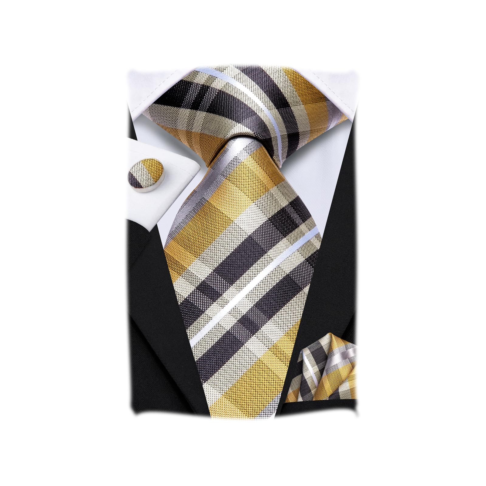 Hi-Tie Mens Plaid Ties Classic Paisley Necktie with Handkerchief Cufflinks Set Business Stripe Tie