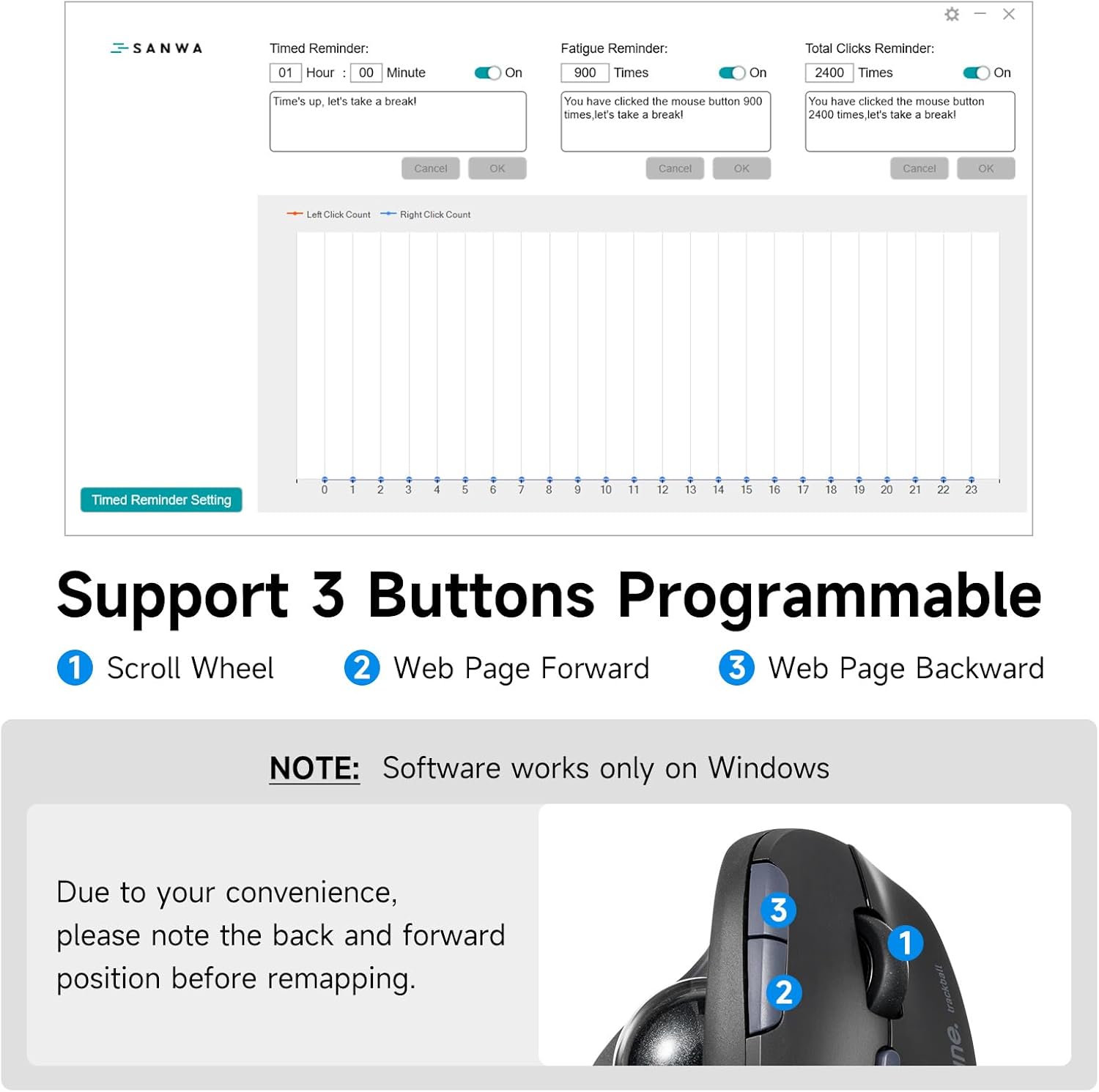 SANWA Bluetooth + 2.4G Wireless Trackball Mouse, Silent Ergonomic Roller Ball Mice, Programmable Vertical Thumb Mouse, 2 Device Connection, Compatible with Mac, Windows, Laptop, Android, PC, Black