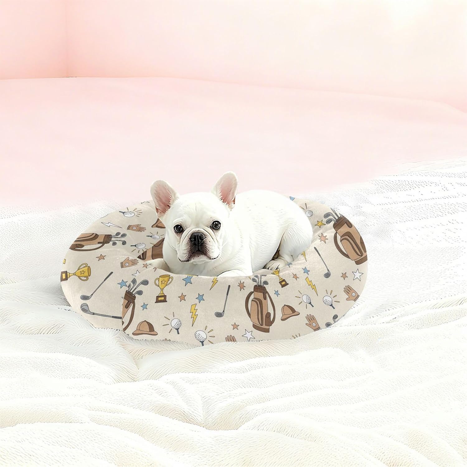 Golf Hat Brown Pattern Dog Bed Donut Small Dog Beds Washable Cat Pet Bed Cozy Puppy Beds for Pets Supplies with Washable Cover,M