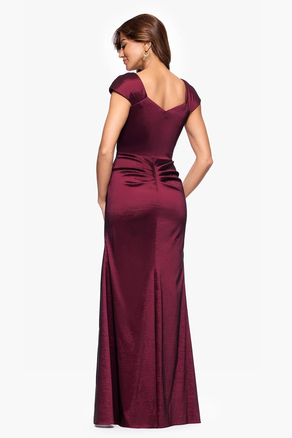 Xscape Women's Sleeveless Asymmetrical Taffeta Neck Gown with Side Slit, Wine, 4